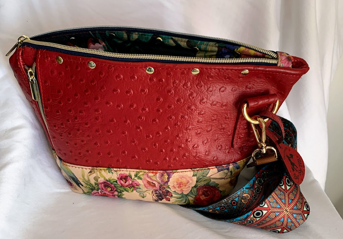 distinctive red embossed leather upper with floral leather lower