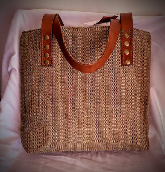 Large tweed tote with leather and rivet handles