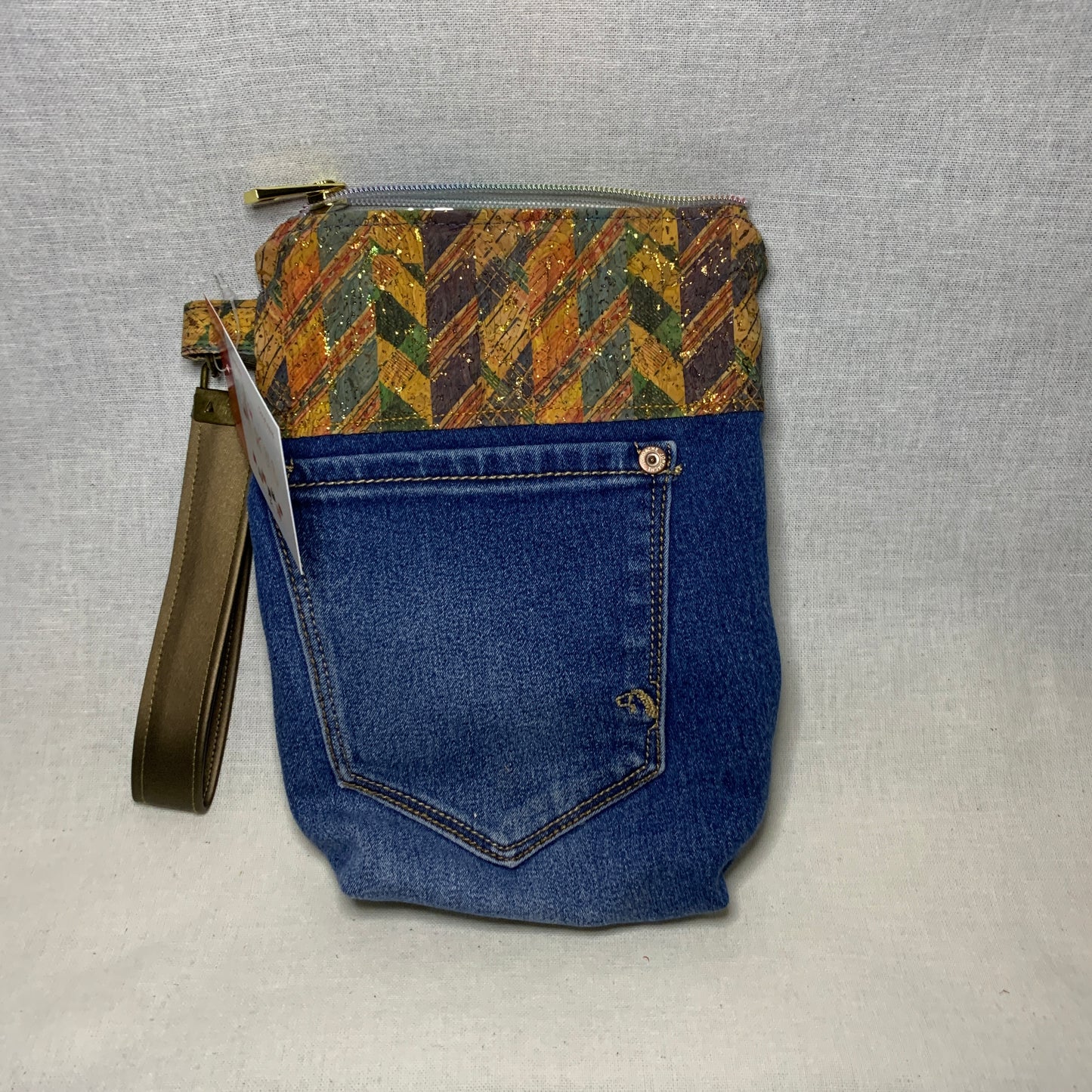 Fun denim and cork wristlet for girls.