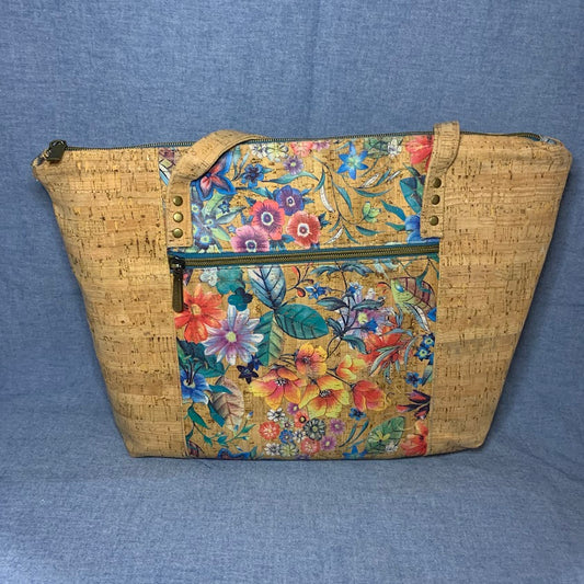 Large cork tote bag with beautiful floral cork pattern, front and back.