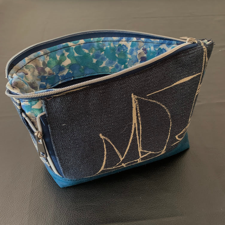 Ship Ahoy pouch with waxed canvas trim and home decor body.