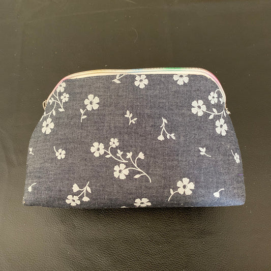 Zippered Pouch in denim floral fabric
