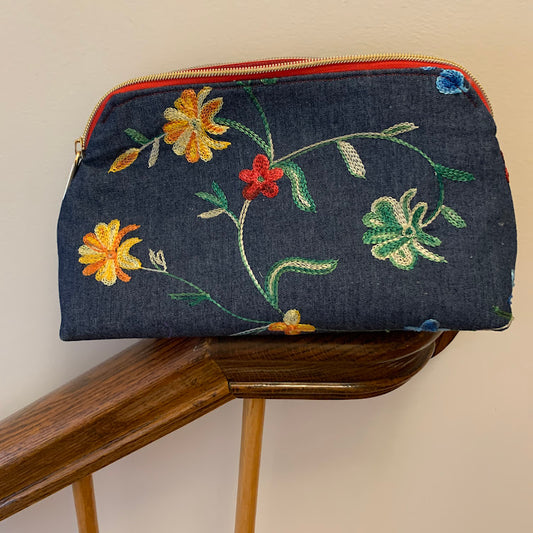 The pouch for all seasons:  embroidered denim outside and striped canvas inside