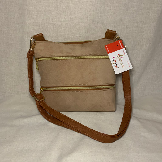 Buckskin leather crossbody with multiple external zipper pockets. back and front.